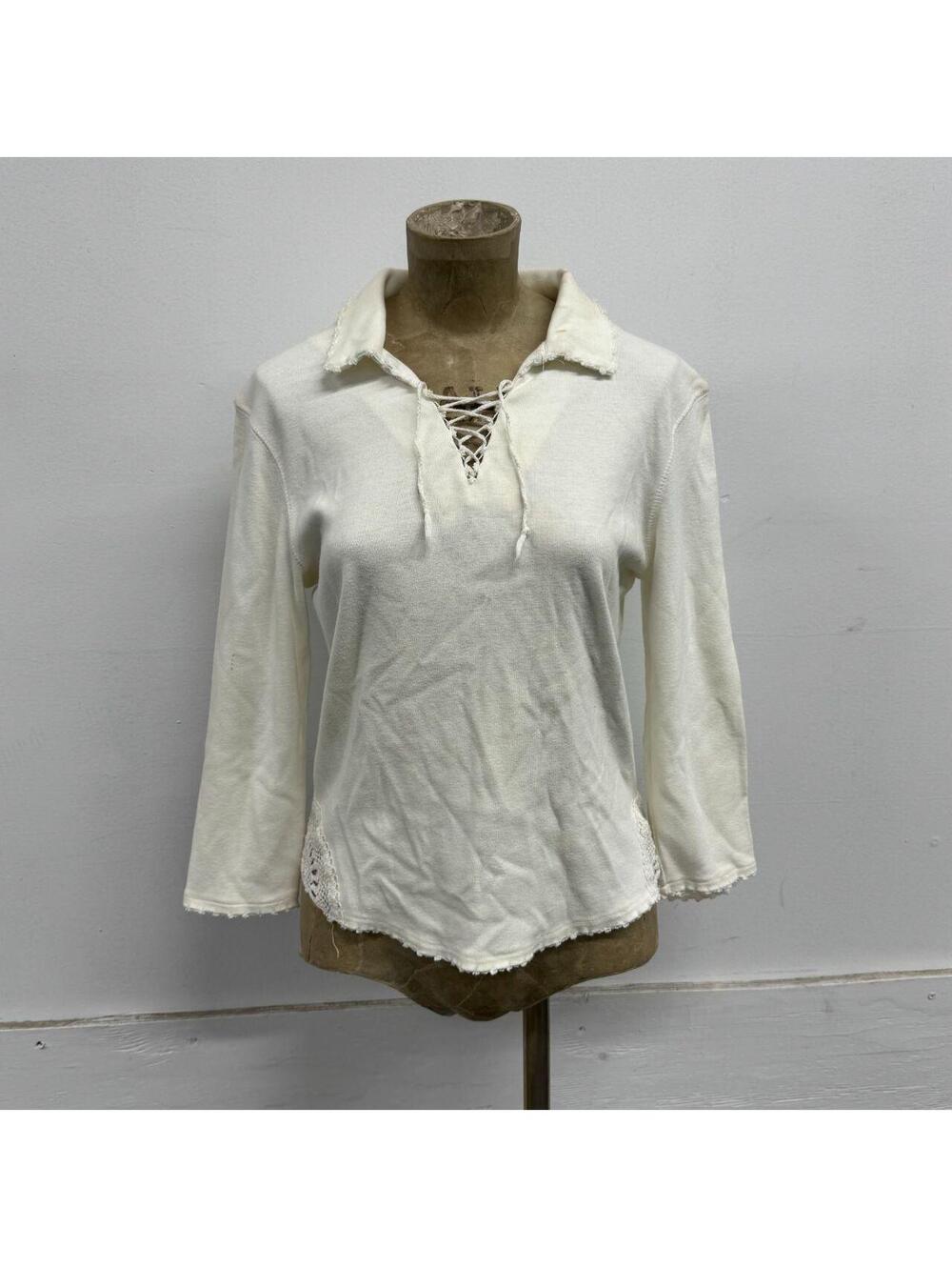 Vintage Y2K Faded Glory Off-White Cotton Lace-Up Crochet Slit Henley Top